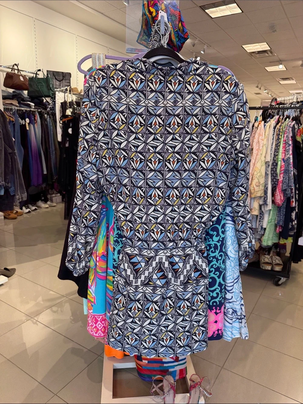 Tory Burch Navy Geometric Mini Dress with White and Gold Accents